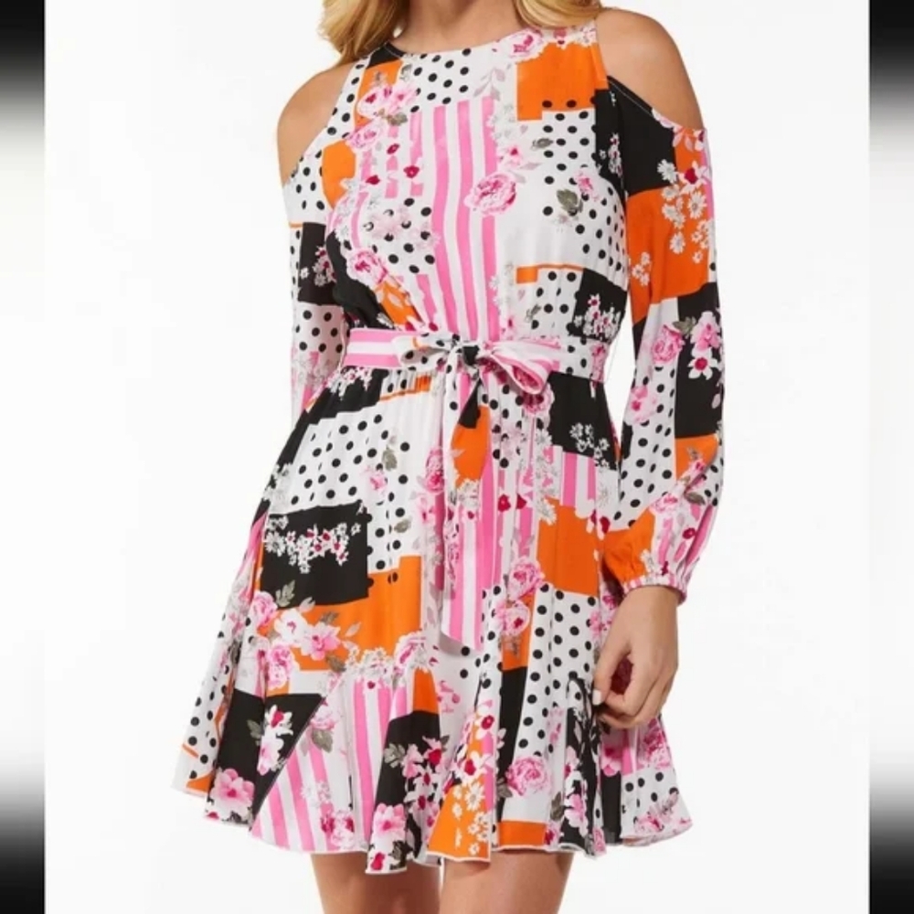 NWT Cato Multicolor Polka-dot Floral Patchwork Cold Shoulder Dress